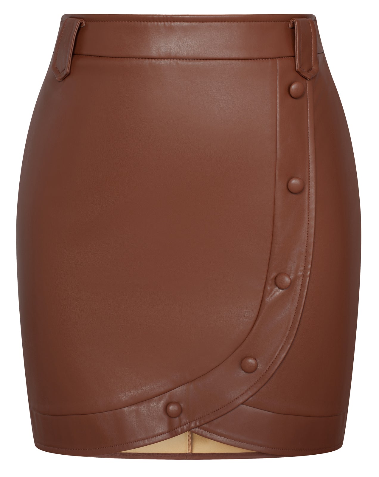 belle poque Women Vintage Imitated Leather Skirt Elastic Waist Mid-Thigh Bodycon Skirt Brown