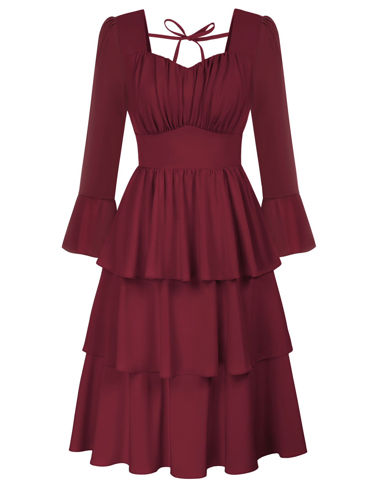 belle poque Vintage 3-Layer Cake Dress Long Sleeve Square V-Neck A-Line Midi Dress