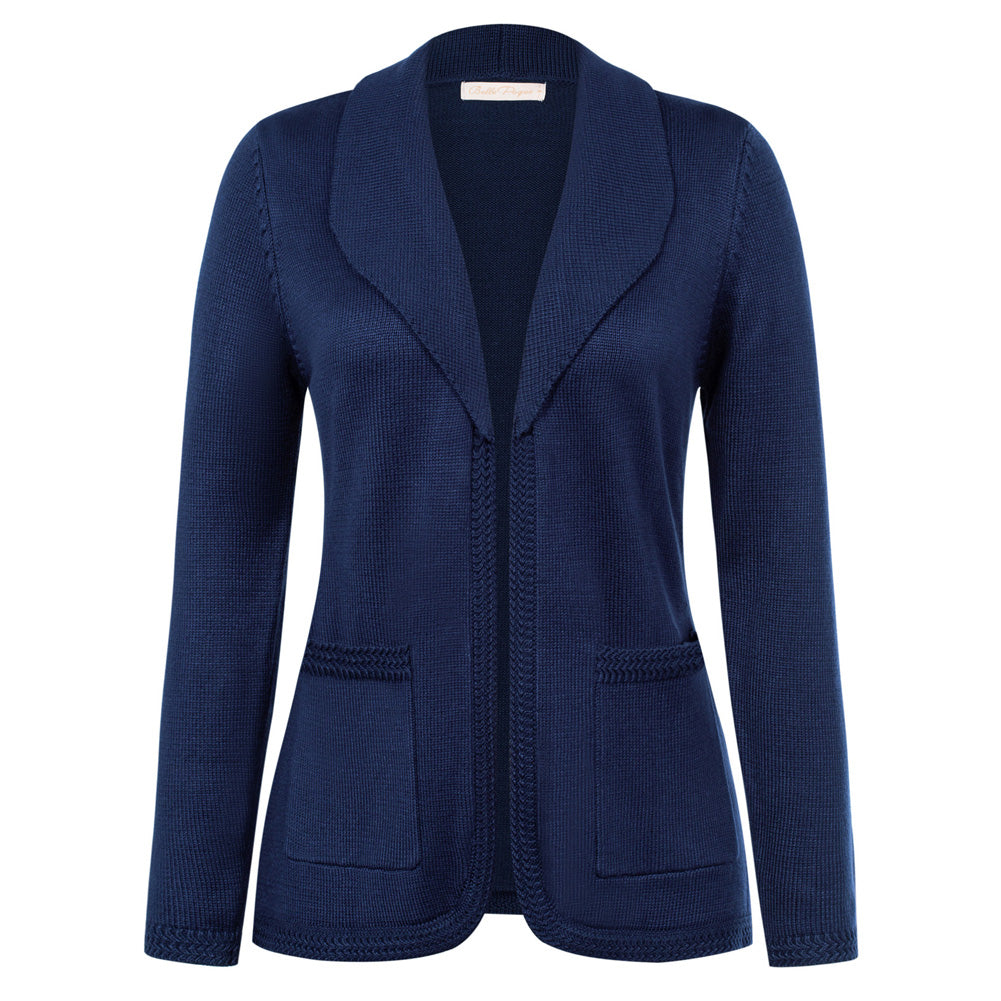 belle poque Vintage Cardigan Sweater Blazer V Neck Shawl Lapel Collar with Pockets Royal Blue