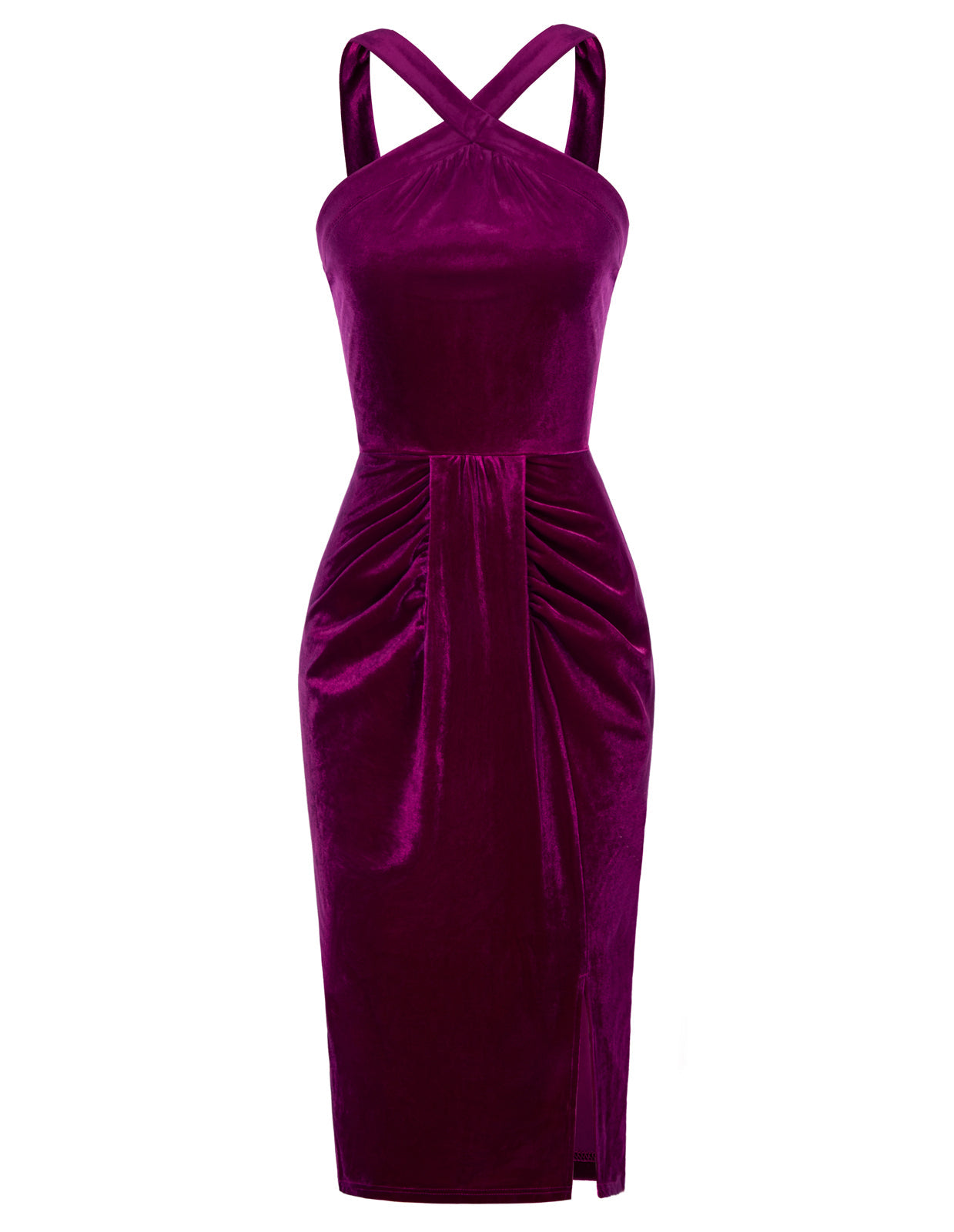 belle poque Vintage Front Slit Velvet Dress Halterneck Ruched Bodycon Dress Purple