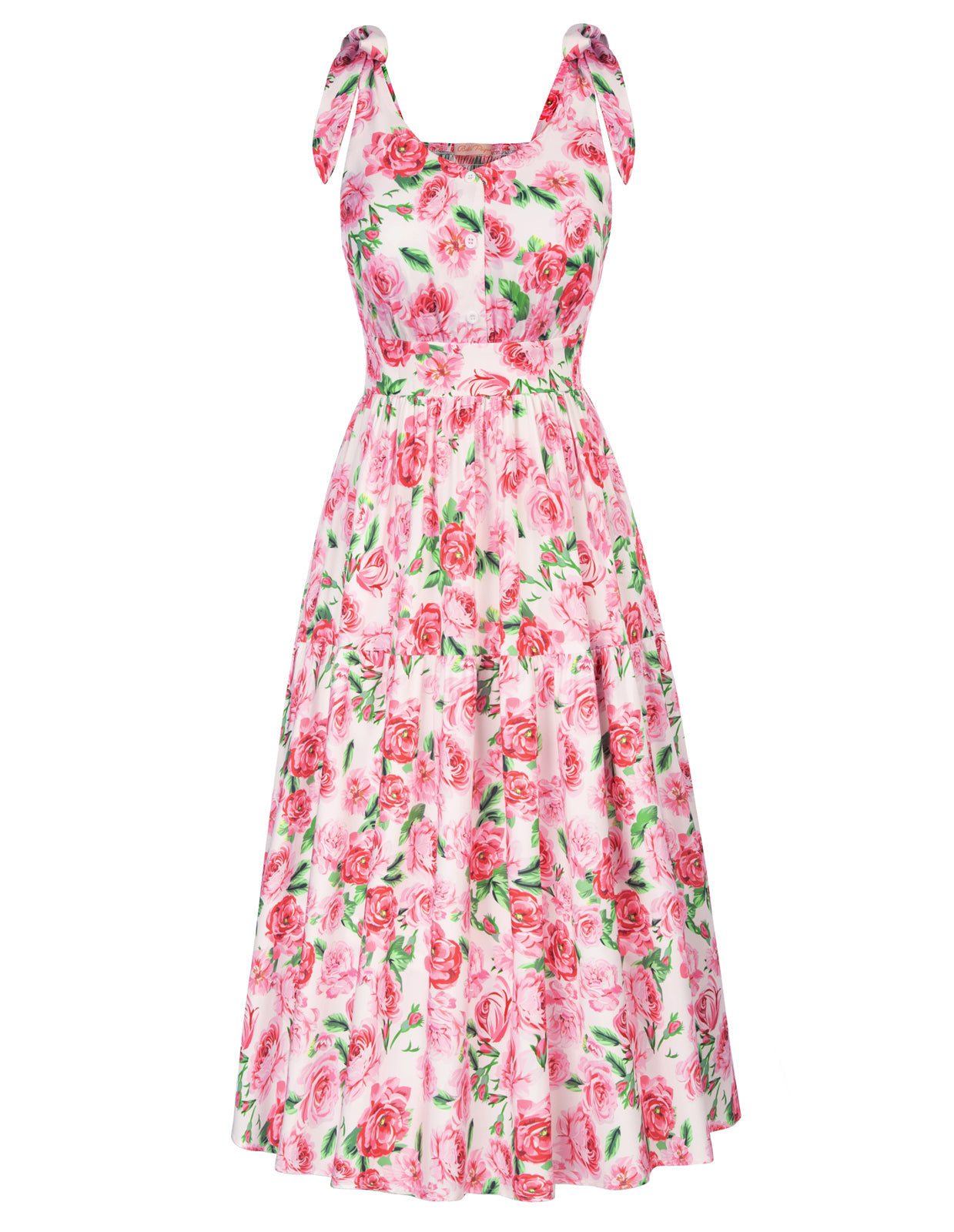 belle poque Fans Look of Floral Printed Tiered Midi Dress Sleeveless V-Neck Defined Waist A-Line Dress