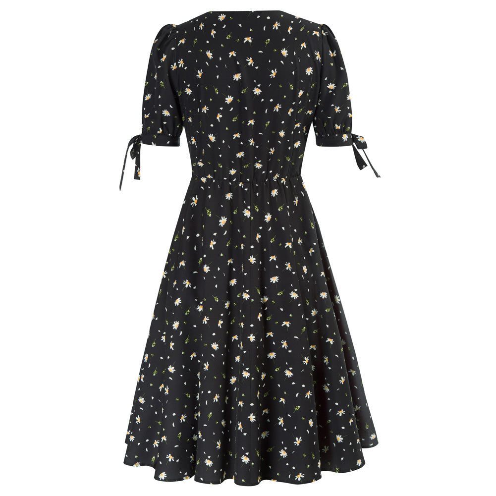 belle poque Strawberry Printed Defined Waist Dress Short Sleeve V-Neck Flared A-Line Dress