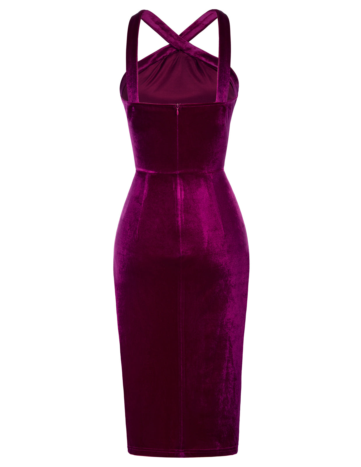 belle poque Vintage Front Slit Velvet Dress Halterneck Ruched Bodycon Dress