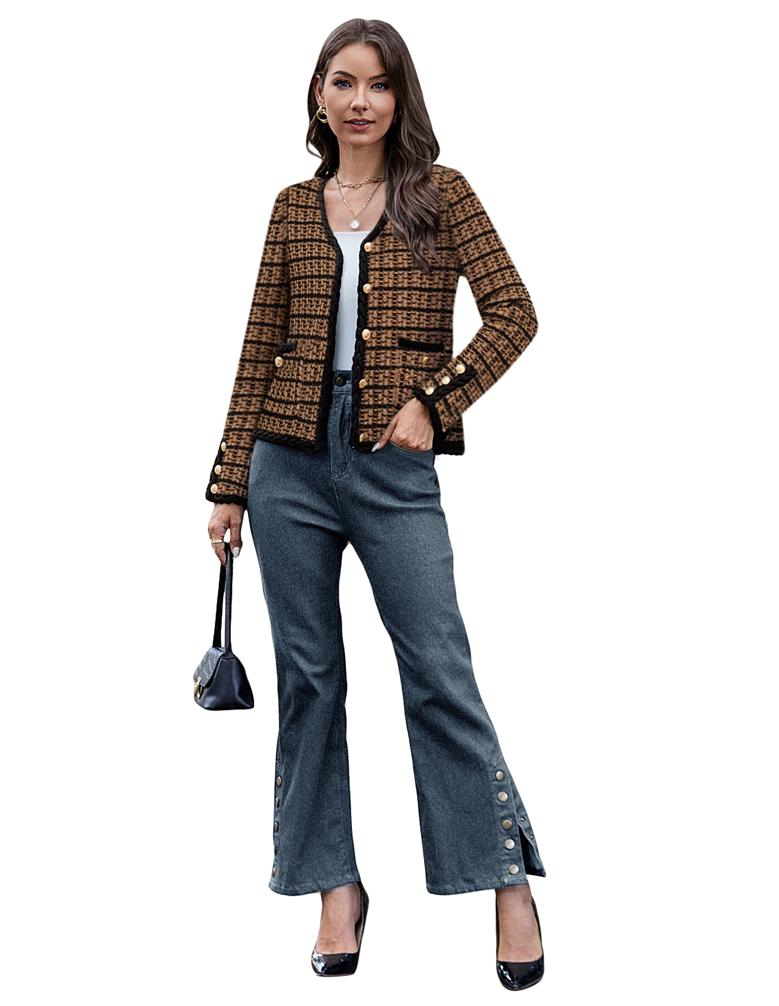 belle poque Contrast Color Cardigan Long Sleeve V-Neck Cable Knitted Sweater