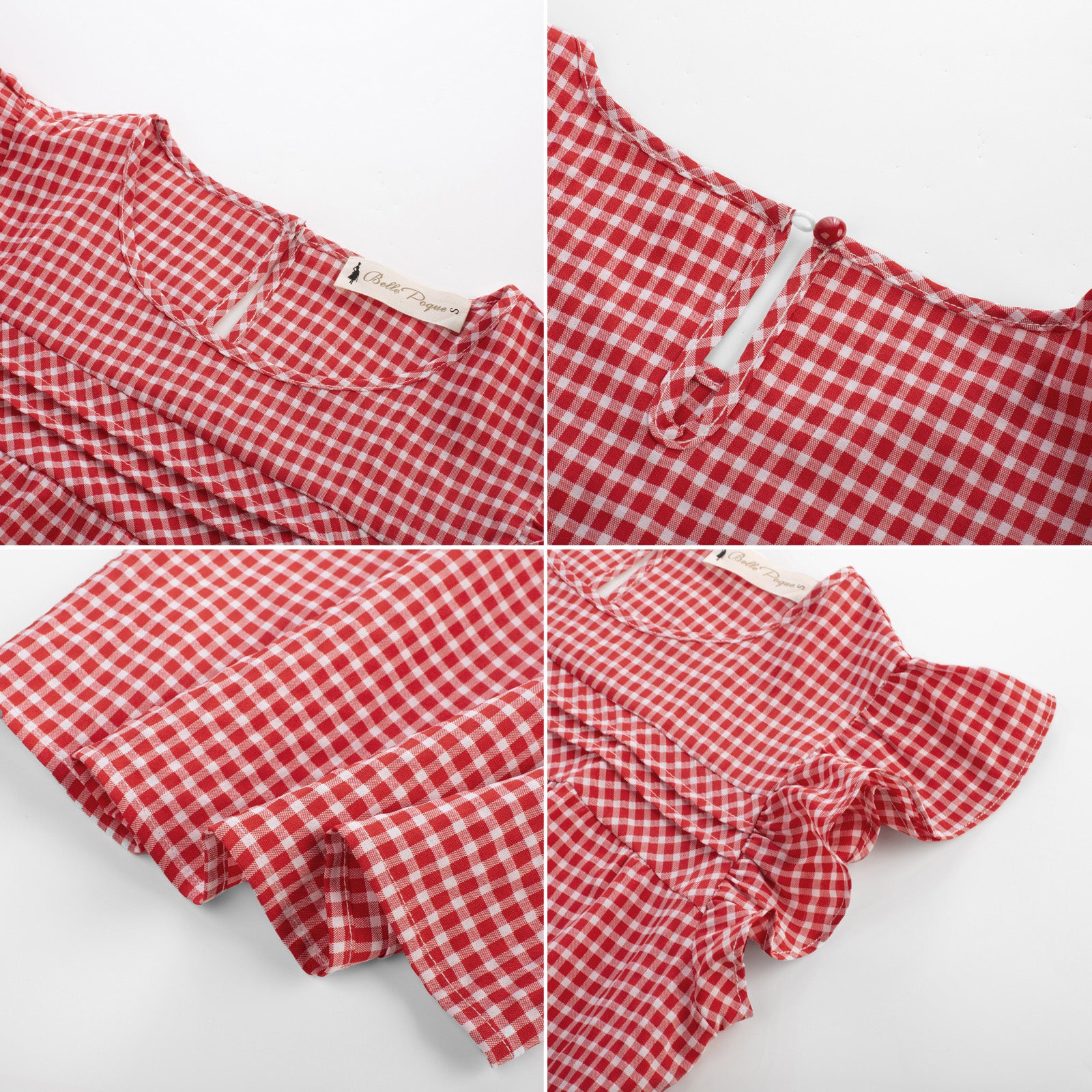 belle poque BP Women Vintage Plaided Tops Flutter Sleeve Crew Neck Keyhole Back Tops