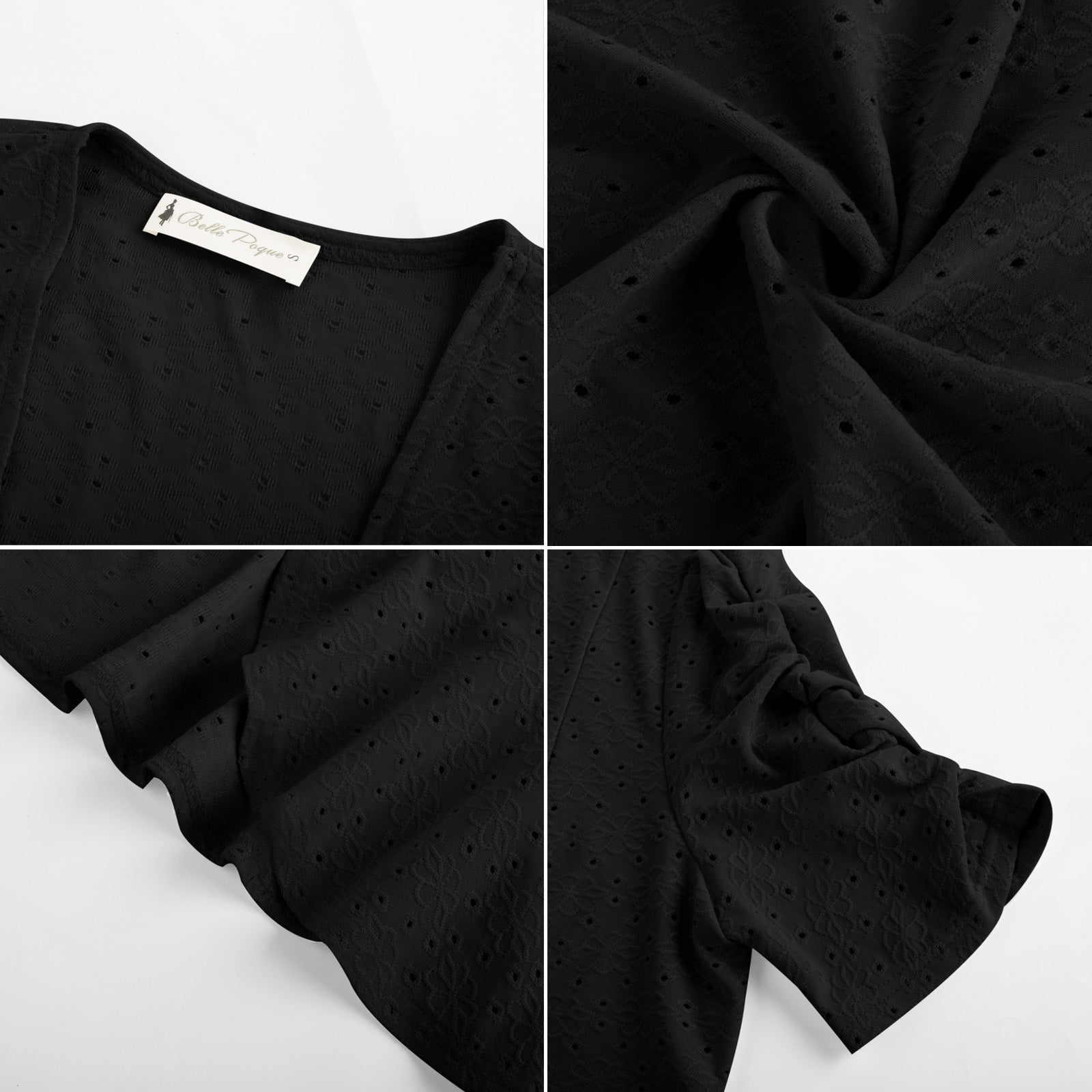 belle poque Women Vintage Hollowed-out Shrug Ruched Short Sleeve Open Front Tops