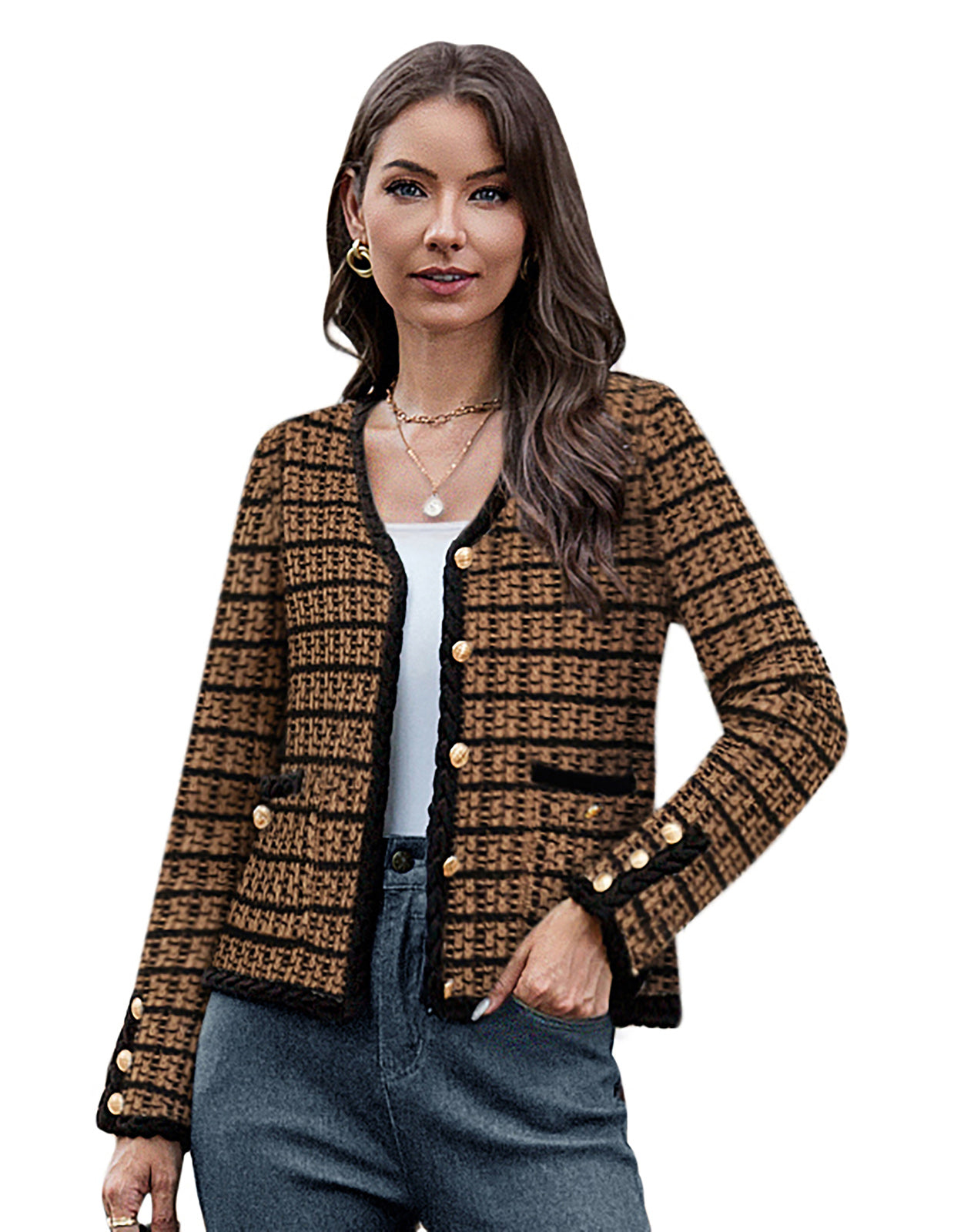 belle poque Contrast Color Cardigan Long Sleeve V-Neck Cable Knitted Sweater