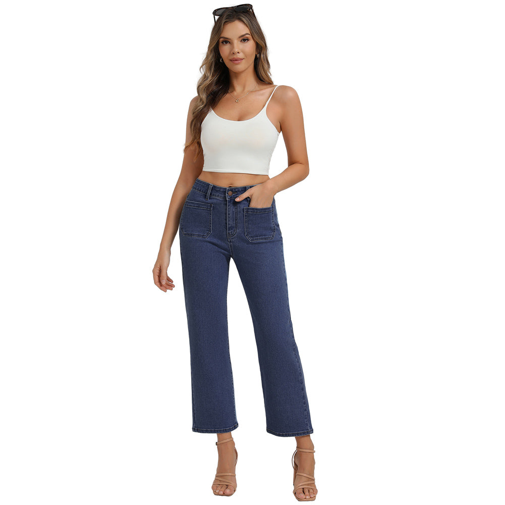 belle poque Women's Straight Leg Jeans Mid Rise Wide Leg Denim Pants with Pockets