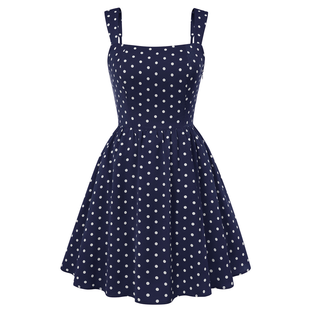 belle poque Women Vintage Polka-Dots Date Dress Square Neck Above Knee A-Line Dress Blue