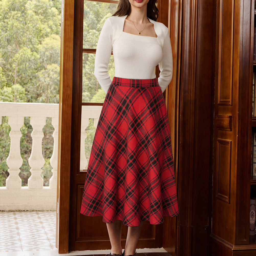 belle poque Women Vintage Plaided Swing Skirt Elastic Waist Mid-Calf Length A-Line Skirt