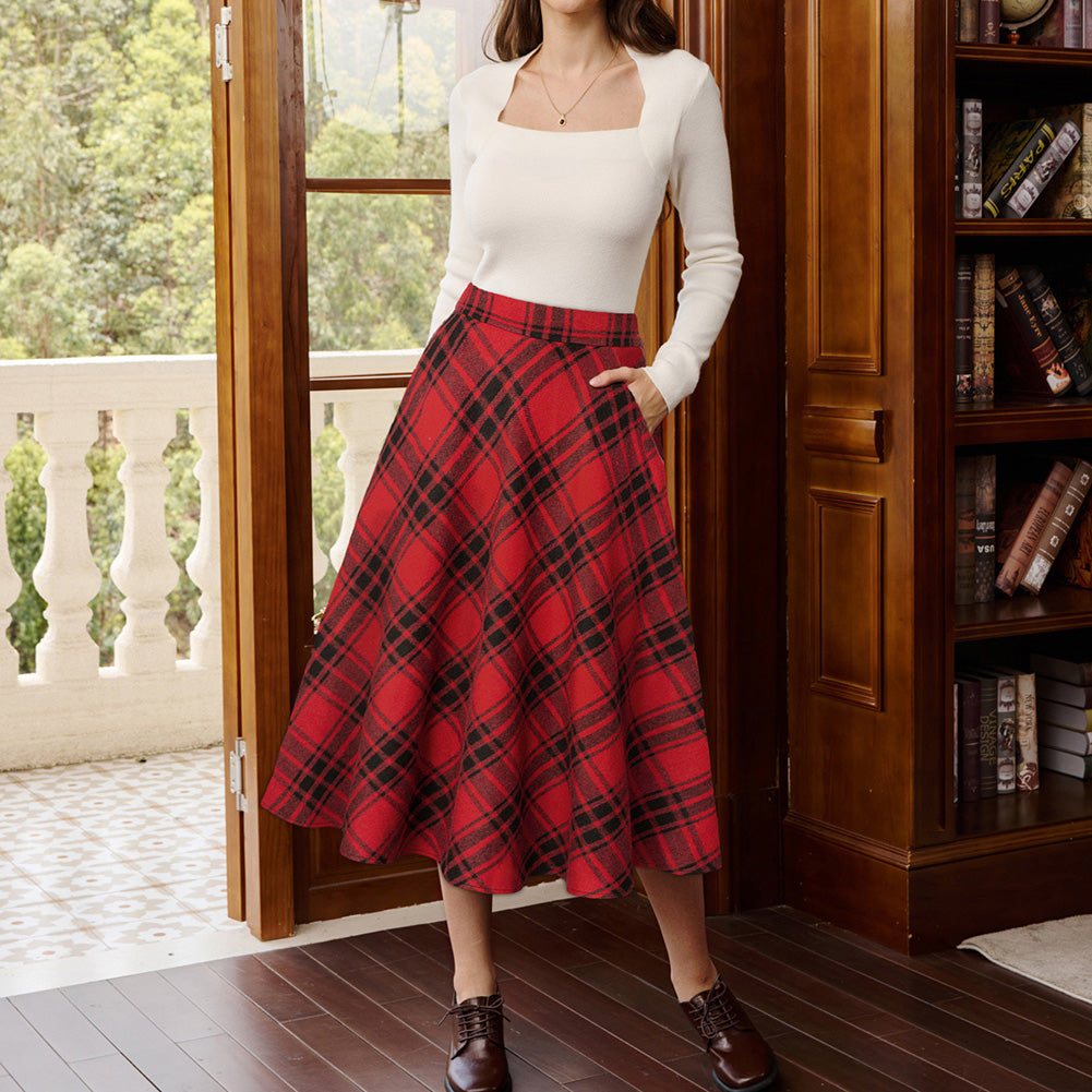 belle poque Women Vintage Plaided Swing Skirt Elastic Waist Mid-Calf Length A-Line Skirt