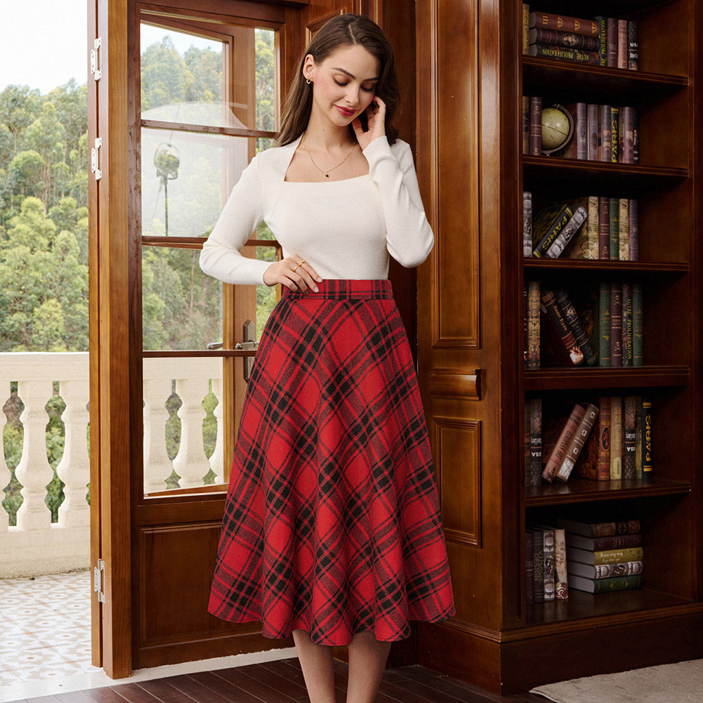 belle poque Women Vintage Plaided Swing Skirt Elastic Waist Mid-Calf Length A-Line Skirt