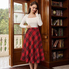 belle poque Women Vintage Plaided Swing Skirt Elastic Waist Mid-Calf Length A-Line Skirt