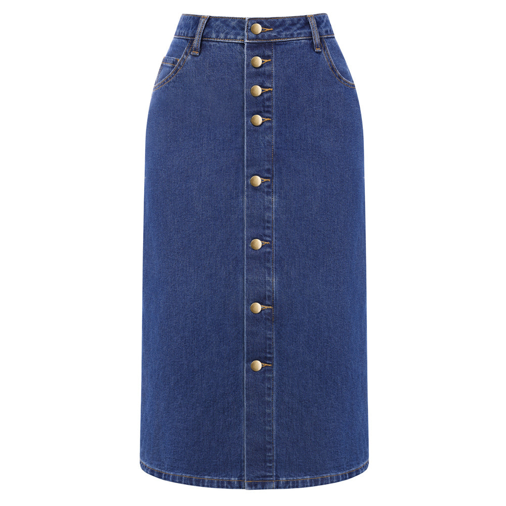 belle poque 1980s Vintage Jean Skirts for Women Front Slit Midi Work Skirt with Pockets Blue