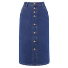 belle poque 1980s Vintage Jean Skirts for Women Front Slit Midi Work Skirt with Pockets Blue