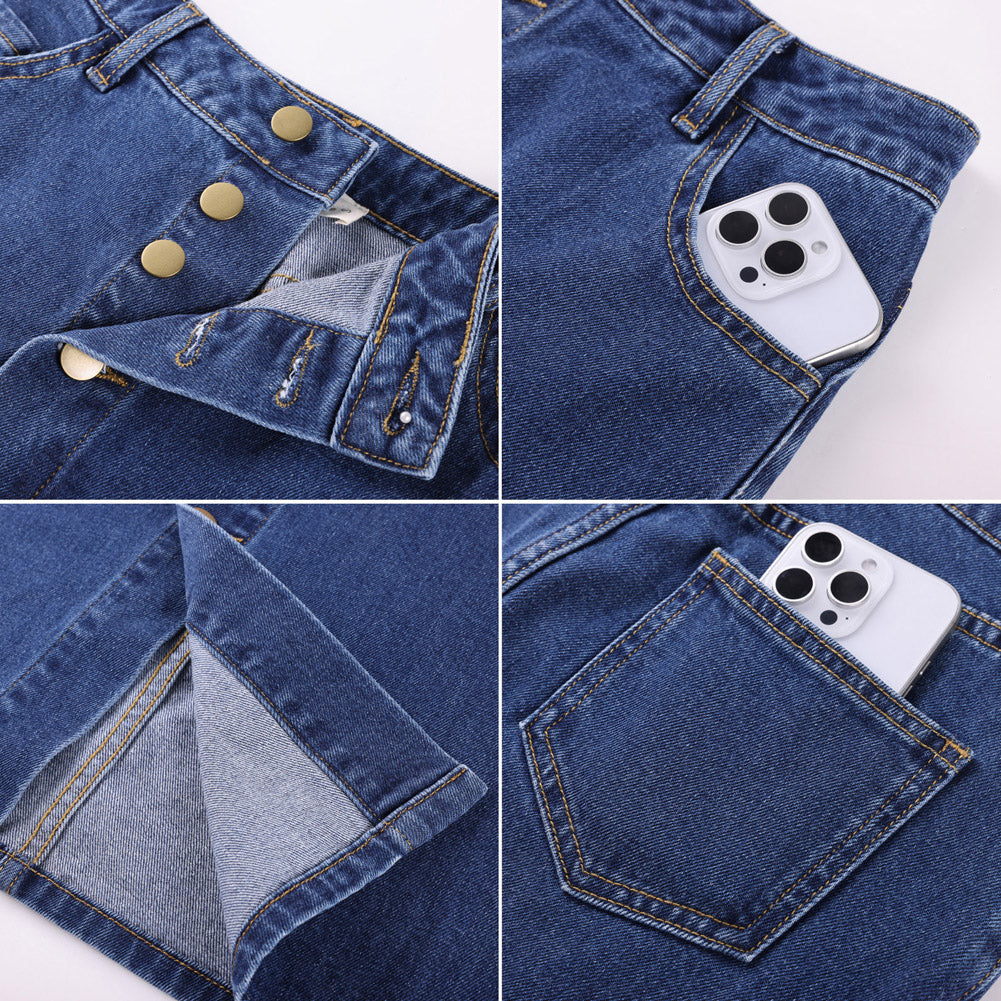 belle poque 1980s Vintage Jean Skirts for Women Front Slit Midi Work Skirt with Pockets