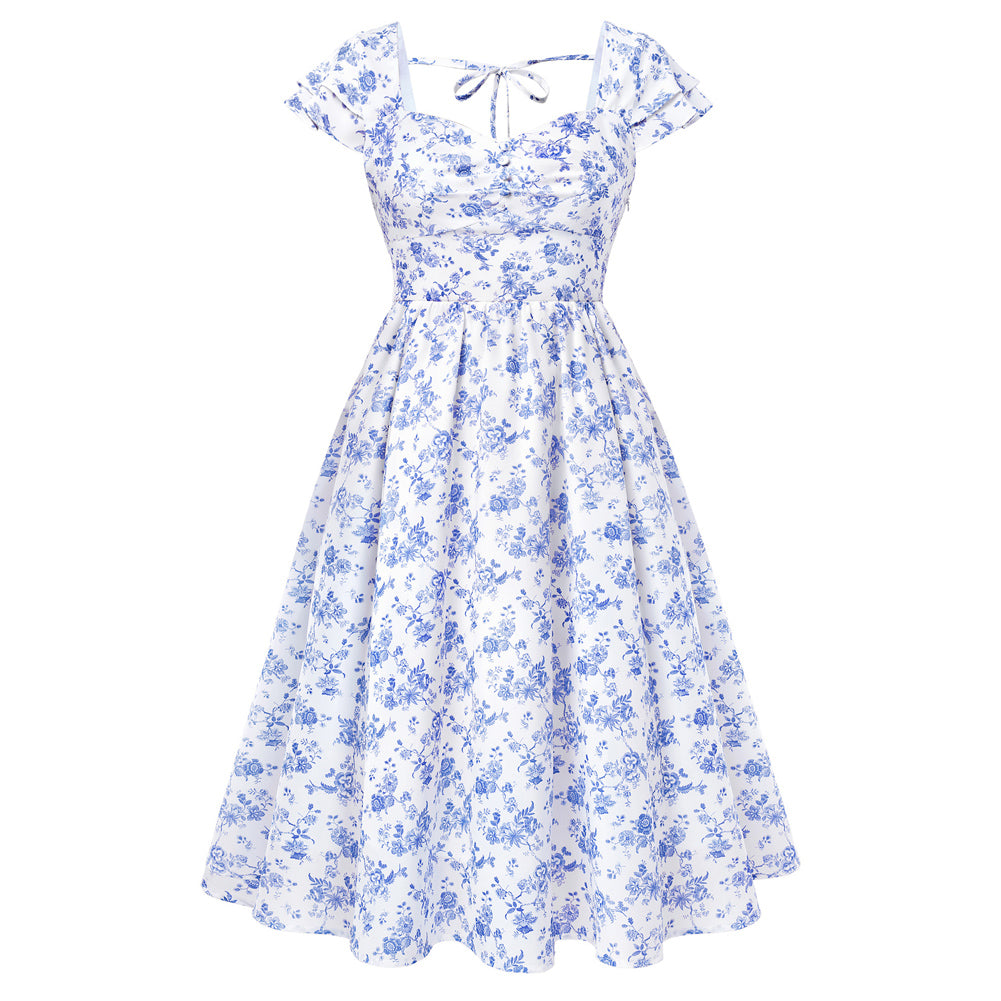 belle poque 1950s Women's Sweatheart Floral Dress Ruched Midi Garden Party Dress Blue