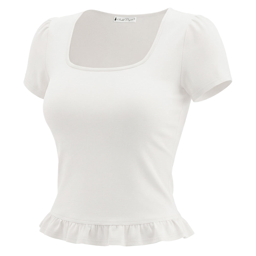 belle poque 2026 Spring Summer Ruffles Cute Tops for Women Short Sleeve Crop Tops White