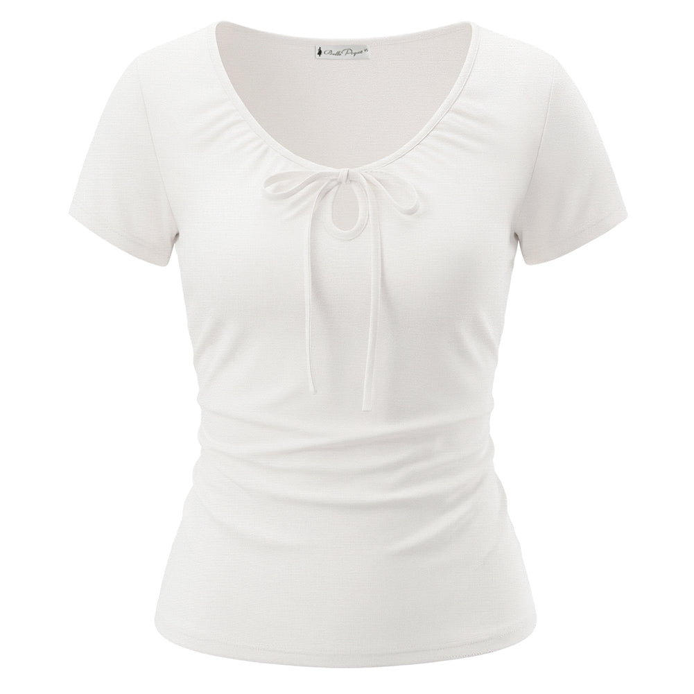 belle poque 2026 Women's Tops Pleated Bow Tie Front Shirts Spring Summer Casual Knit Top White