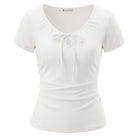 belle poque 2026 Women's Tops Pleated Bow Tie Front Shirts Spring Summer Casual Knit Top White