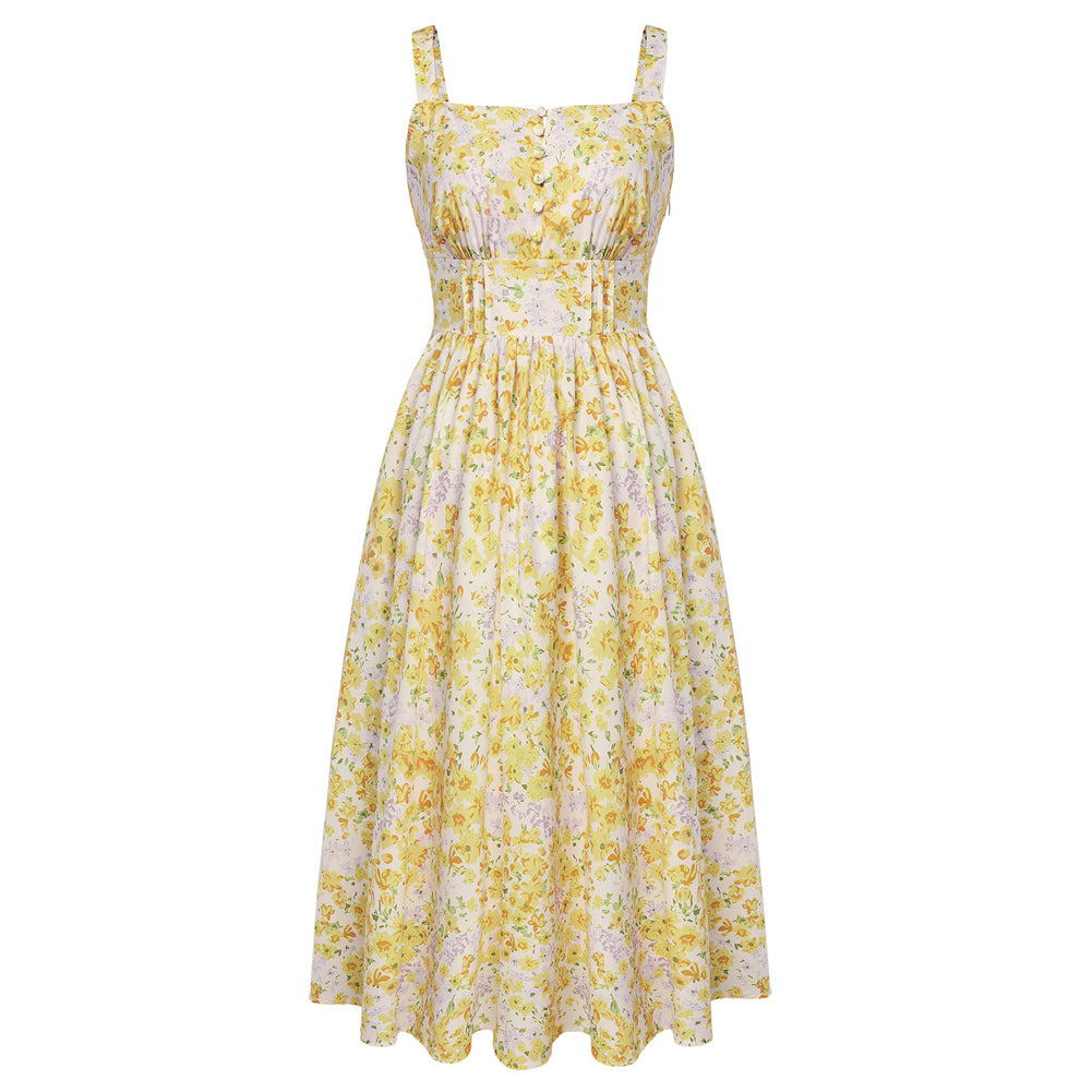 belle poque 2026 Vacation Floral Dress for Women Sundress Midi Flowy Beach Dresses Yellow