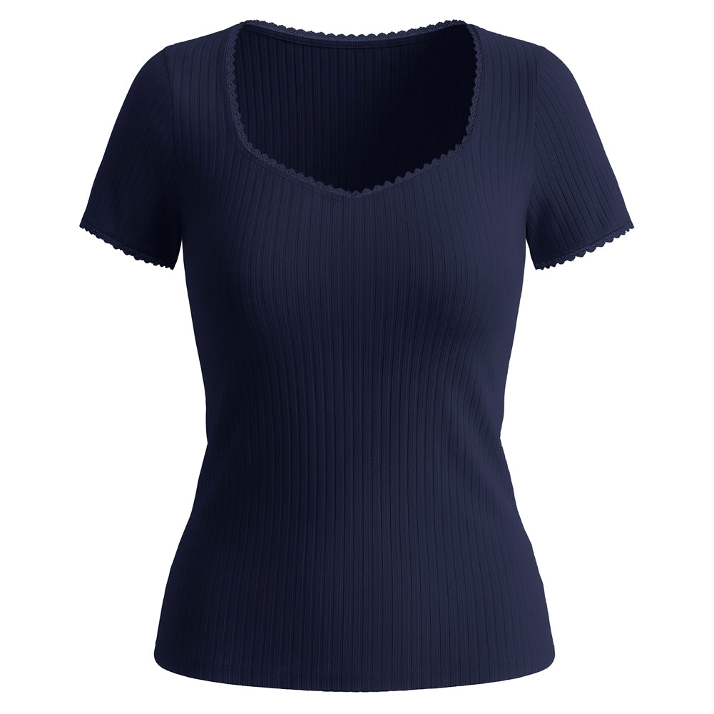 belle poque Women's Lace Trim Tops Slim Fit Ribbed Knit Basic Tee Tops Dark Blue