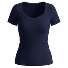 belle poque Women's Lace Trim Tops Slim Fit Ribbed Knit Basic Tee Tops Dark Blue