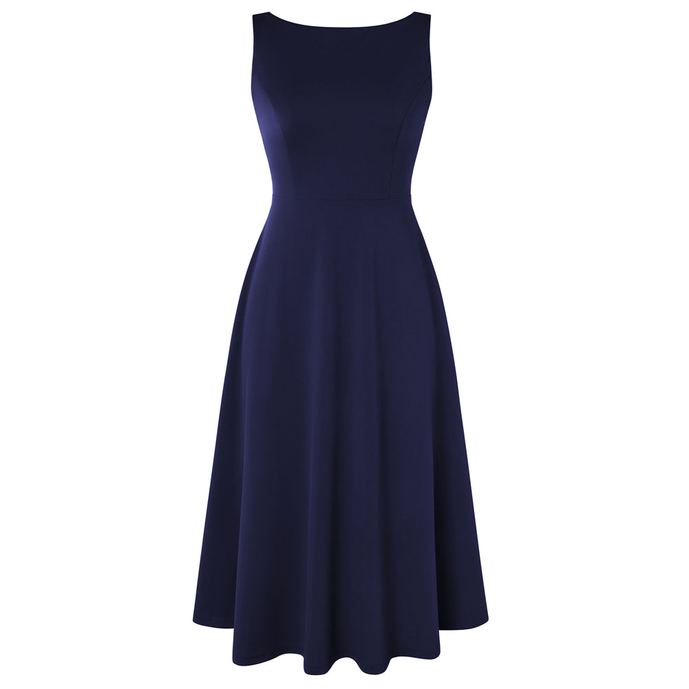 1980s Vintage Women's Cocktail Dress Elegant A Line Midi Dresses with Pockets