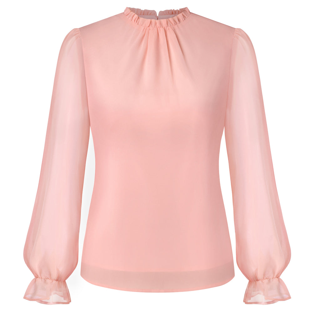 belle poque Belle Poque Women Vintage Chiffon Tops Long Sleeve Keyhole Back Pullover Tops Pink