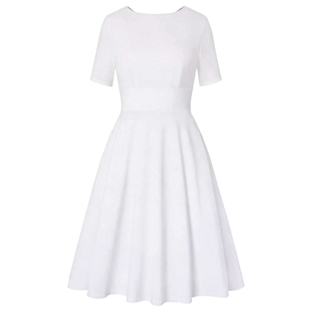 belle poque 1950s Vintage Work Dresses for Women V-Back Cocktail Dress with Pockets White