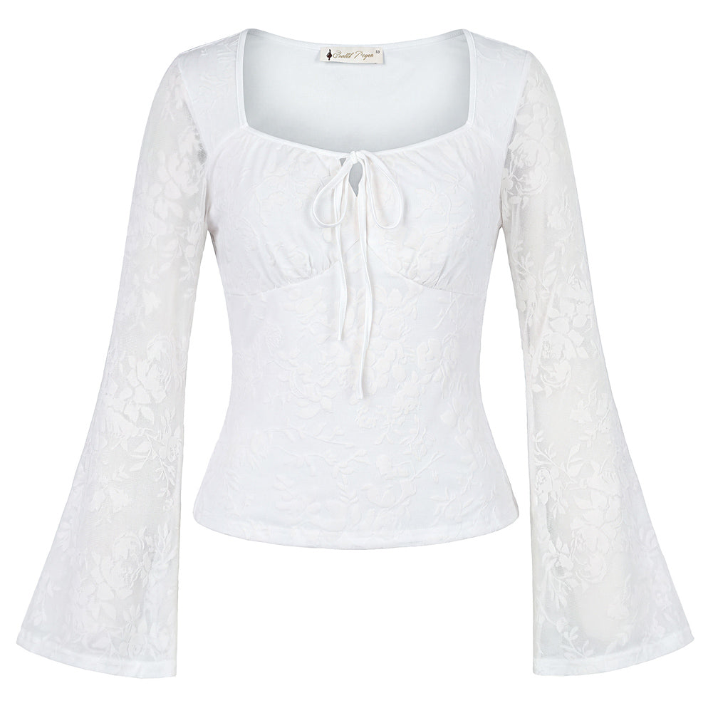 Women Vintage Date Tops Long Sleeve Mesh Lace Tops