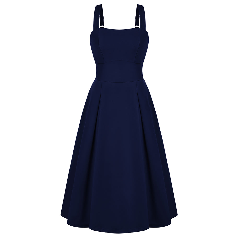 belle poque Women's Midi Dress Semi Formal Elegant Dress for Cocktail Party with Pockets Dark Blue