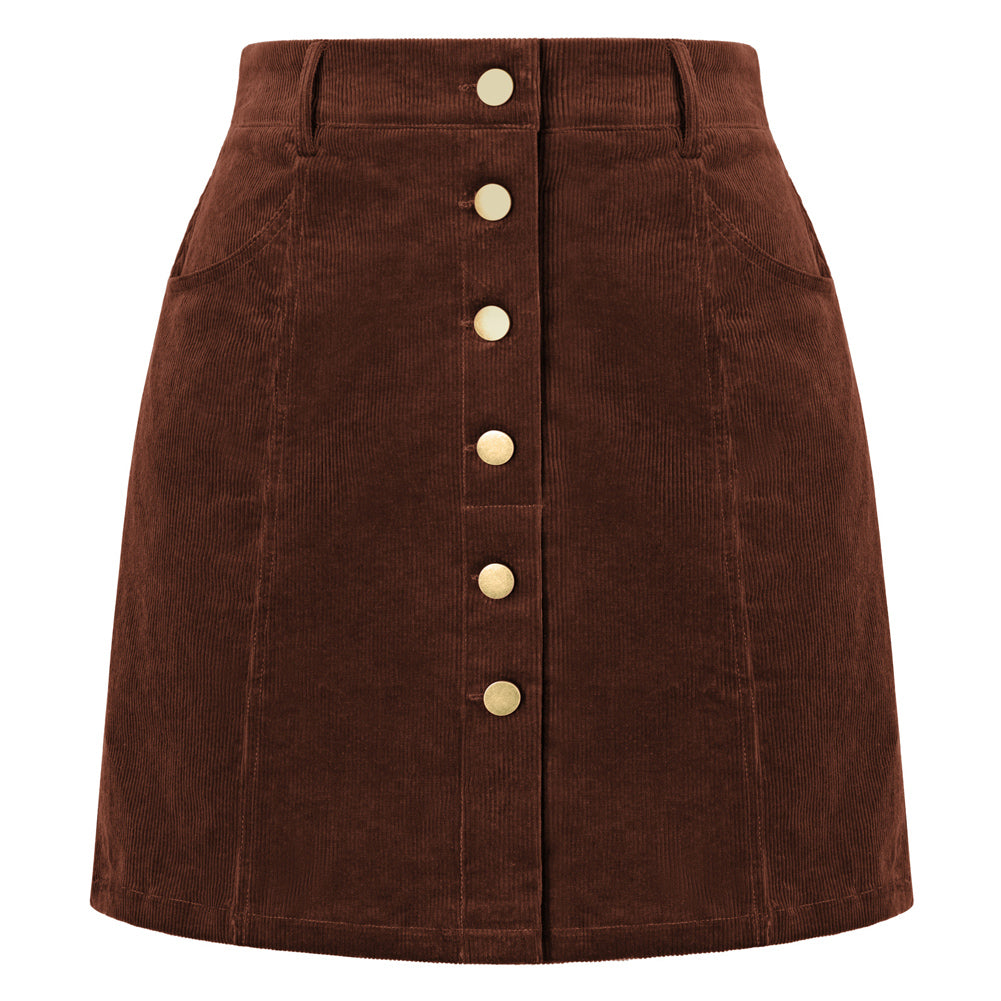 belle poque Womens Corduroy Short Mini Skirt Button A-Line Casual Fall Skirts with Pockets Brown