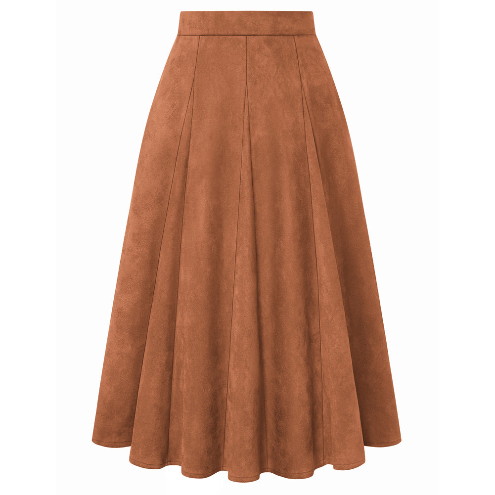belle poque Women Vintage Skirt Elastic Waist Mid-Calf Length A-Line Skirt Orange