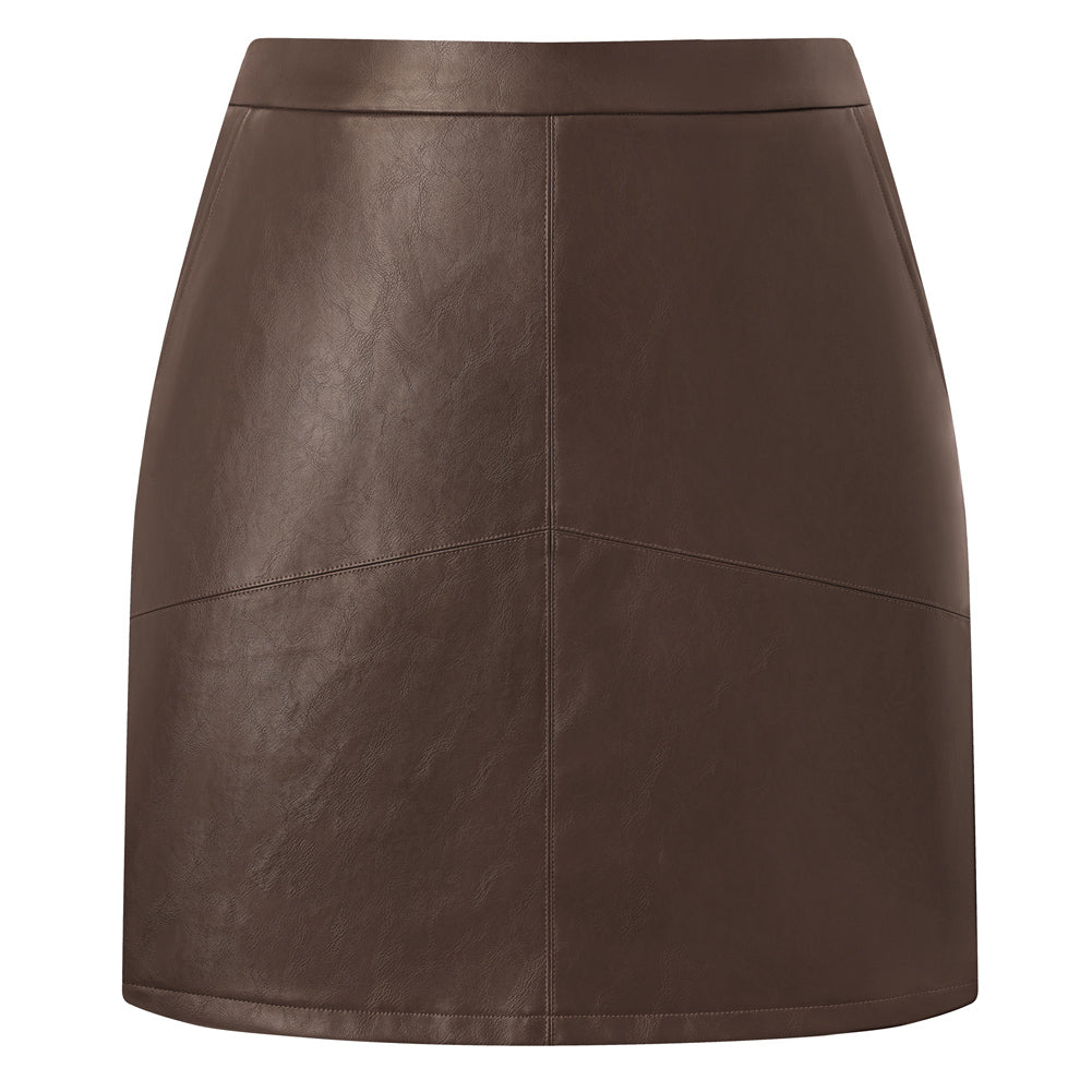 belle poque Women's Leather Mini Skirt with Pockets for Going Out Business Holidays Dark Brown