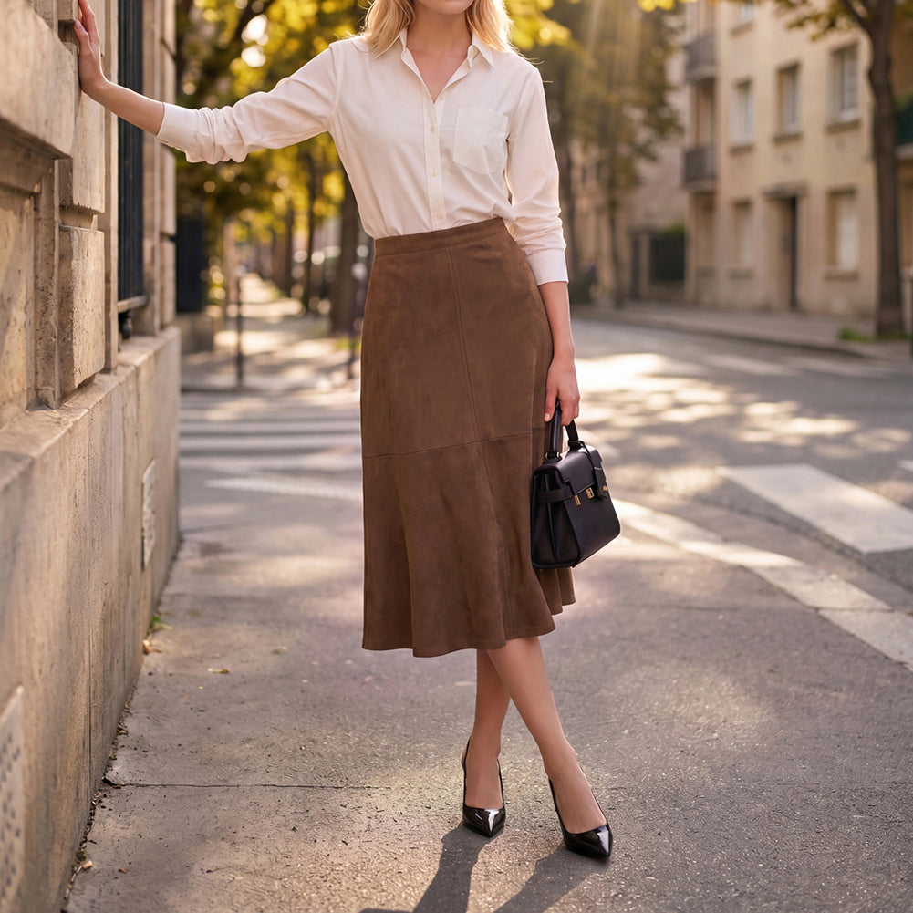 belle poque 1980s Vintage Women's Suede Skirts High Waist A Line Business Work Midi Skirt