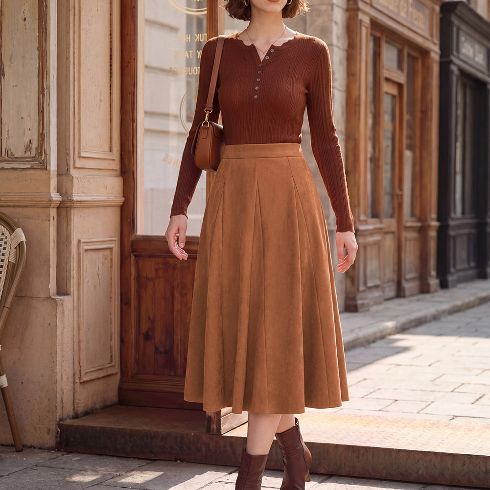 belle poque Women Vintage Skirt Elastic Waist Mid-Calf Length A-Line Skirt