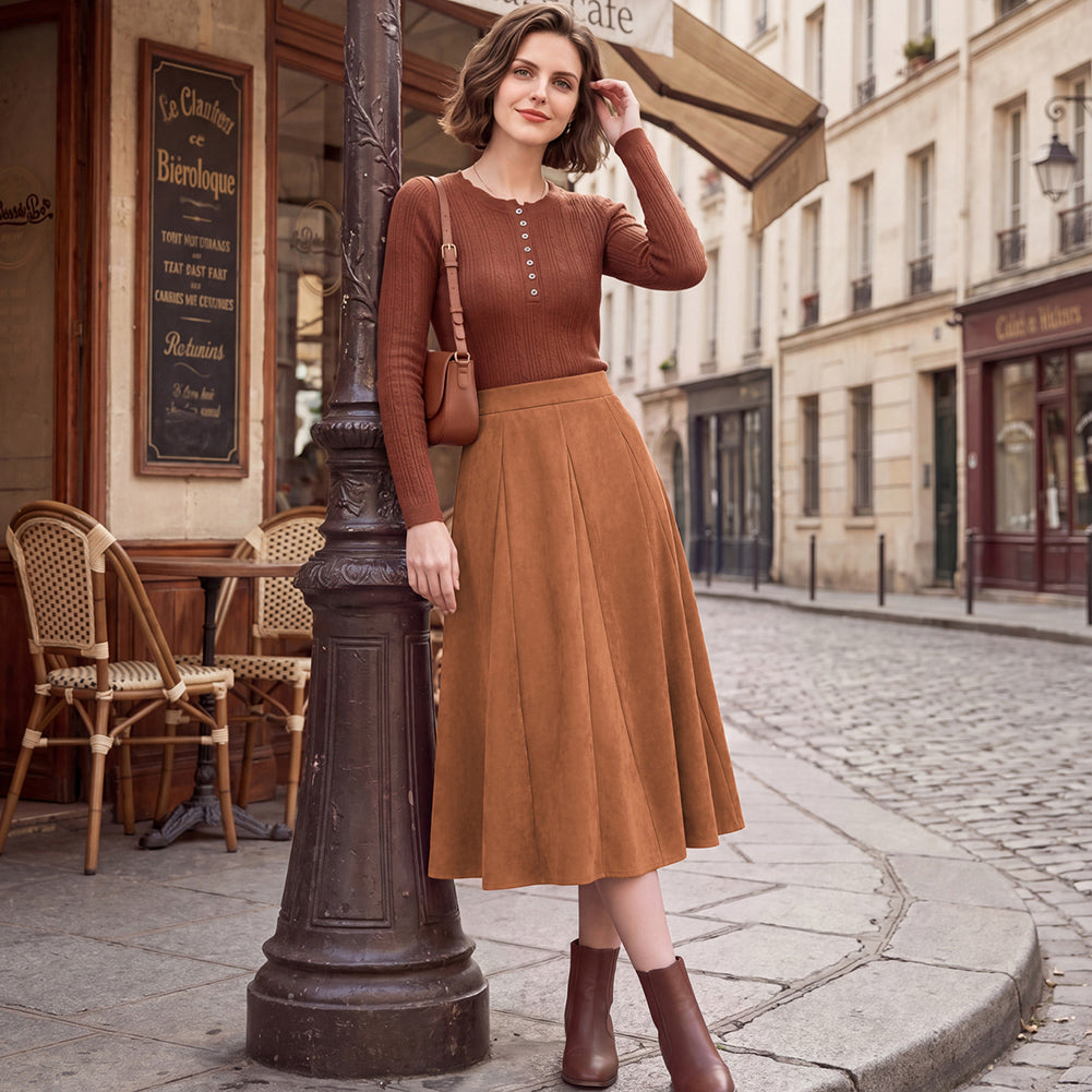 belle poque Women Vintage Skirt Elastic Waist Mid-Calf Length A-Line Skirt