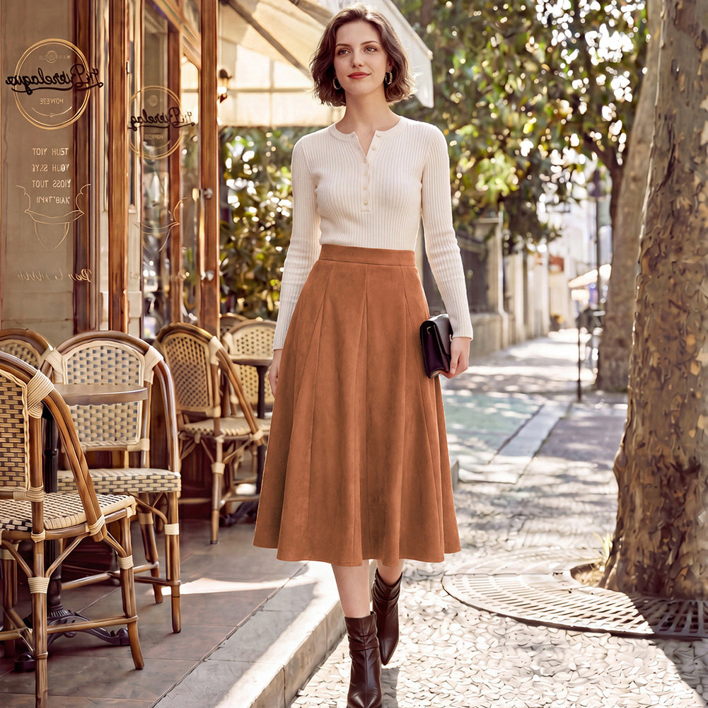 belle poque Women Vintage Skirt Elastic Waist Mid-Calf Length A-Line Skirt