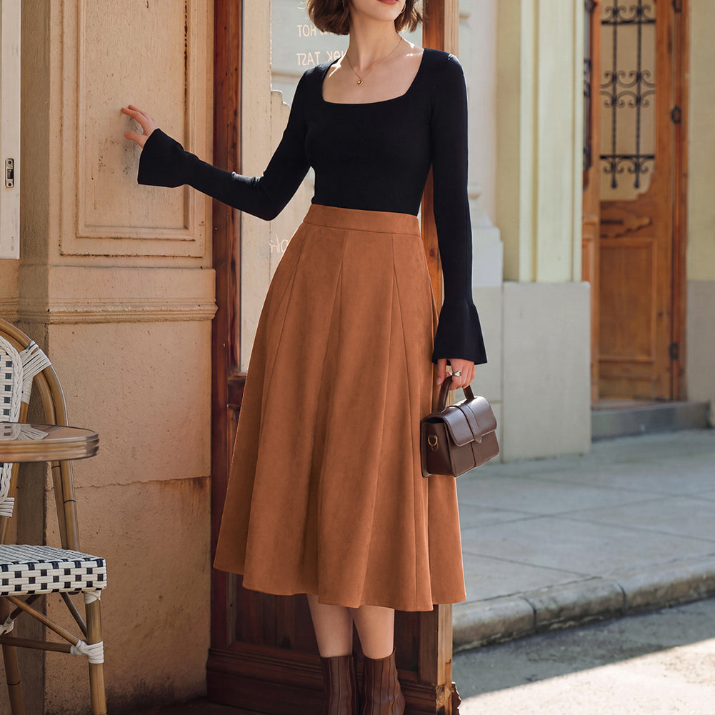 belle poque Women Vintage Skirt Elastic Waist Mid-Calf Length A-Line Skirt