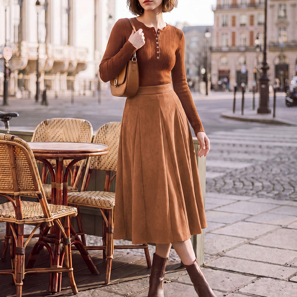 belle poque Women Vintage Skirt Elastic Waist Mid-Calf Length A-Line Skirt