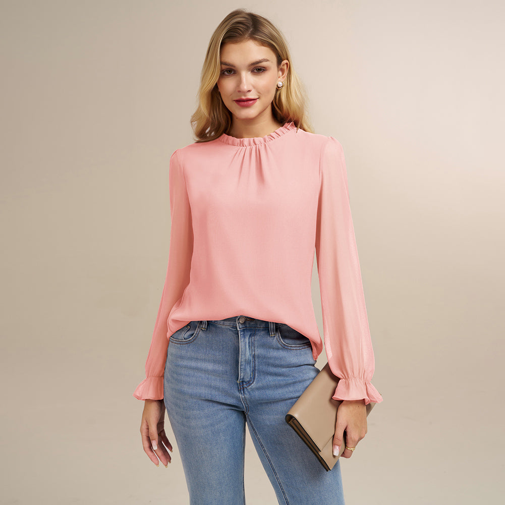 belle poque Belle Poque Women Vintage Chiffon Tops Long Sleeve Keyhole Back Pullover Tops