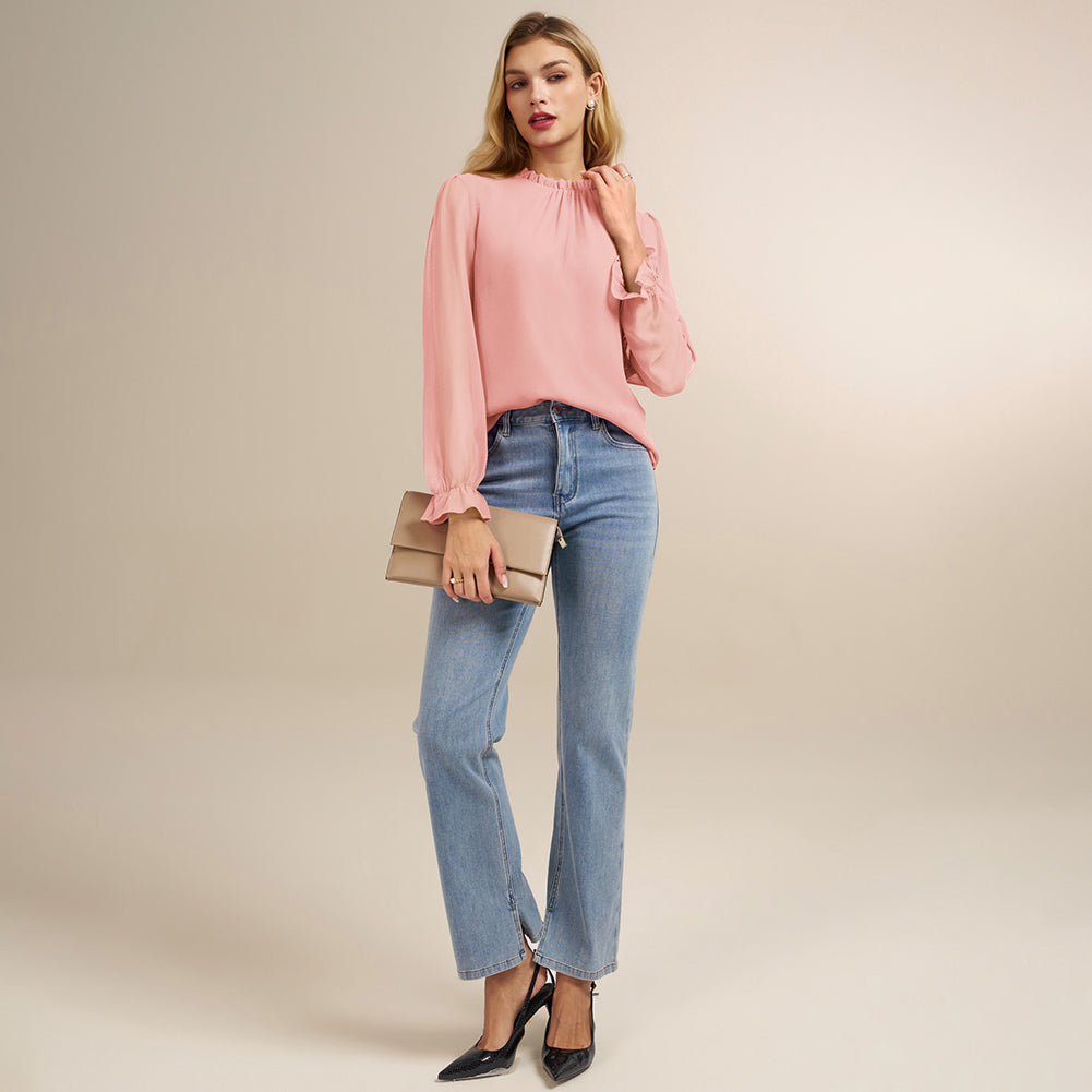 belle poque Belle Poque Women Vintage Chiffon Tops Long Sleeve Keyhole Back Pullover Tops