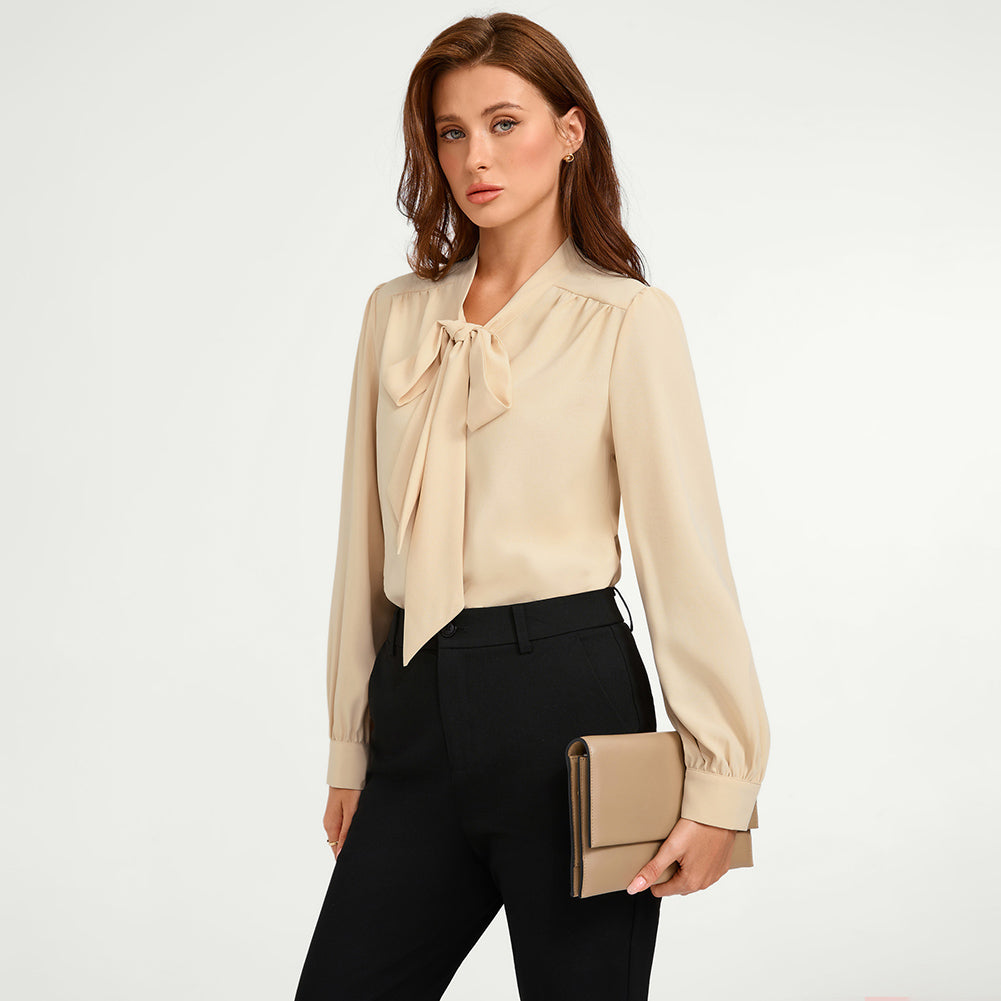 belle poque Women Vintage Long Sleeve Bow-Knot Decorated Button-up Tops