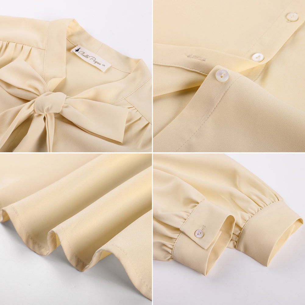 belle poque Women Vintage Long Sleeve Bow-Knot Decorated Button-up Tops