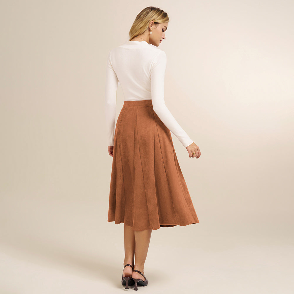 belle poque Women Vintage Skirt Elastic Waist Mid-Calf Length A-Line Skirt