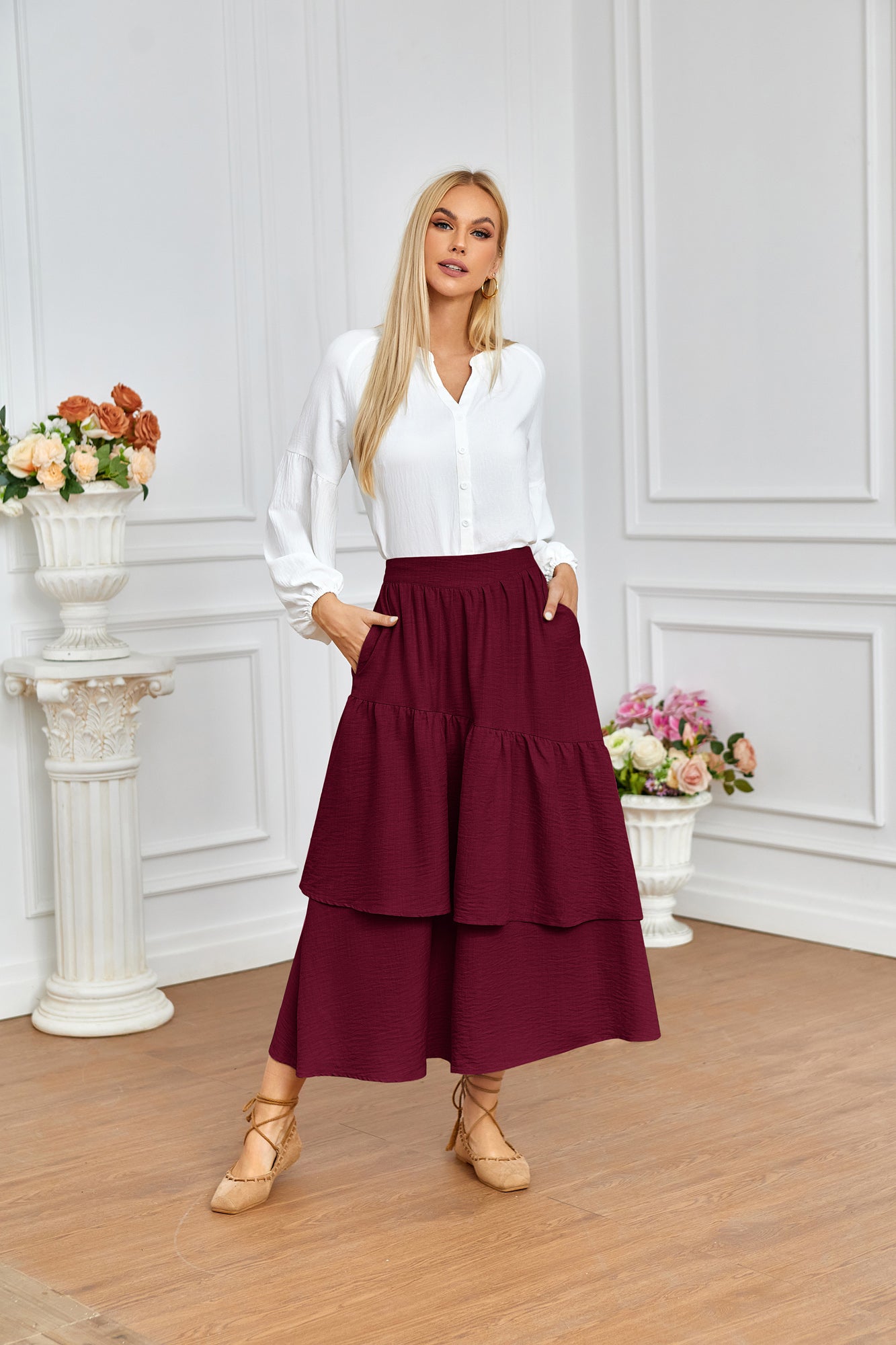 belle poque BP Women Vintage 2-Layer Swing Skirt Elastic High Waist Maxi Skirt