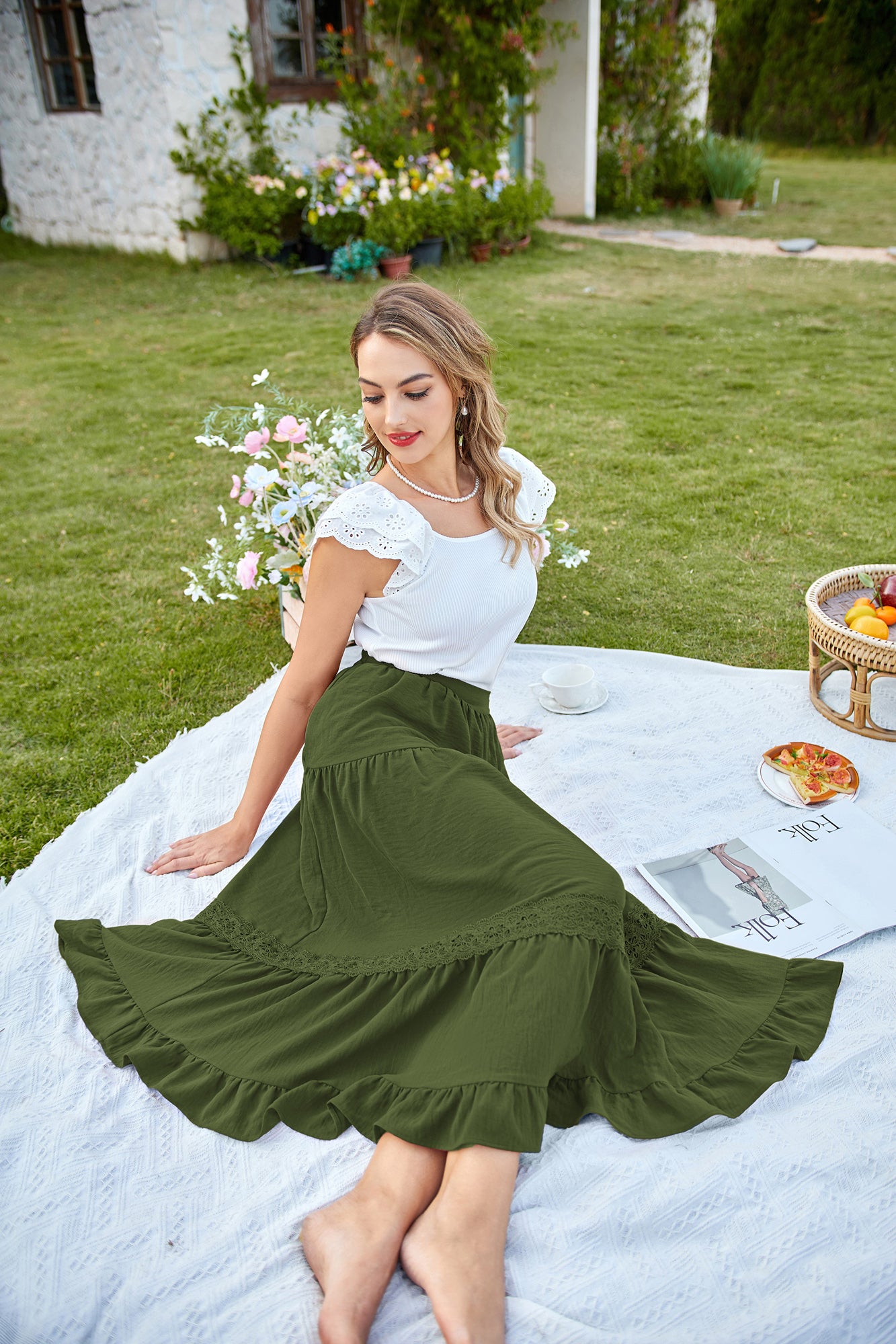 belle poque Women's Midi Skirt Boho Flowy Aline Ruffle Lace Tiered Skirt with Pockets 2025