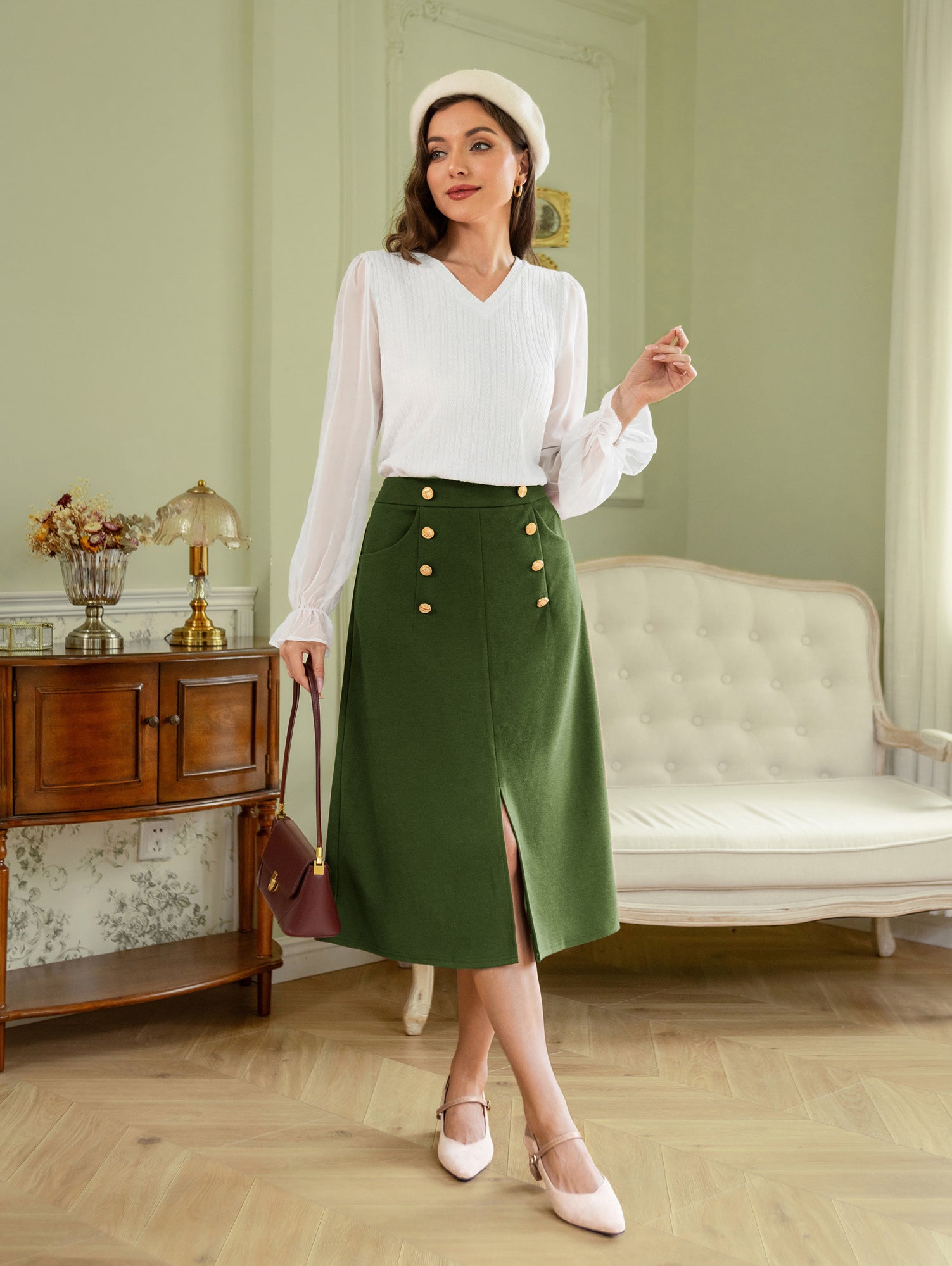 belle poque Vintage Front Slit Skirt Elastic Waist Button Decorated A-Line Skirt