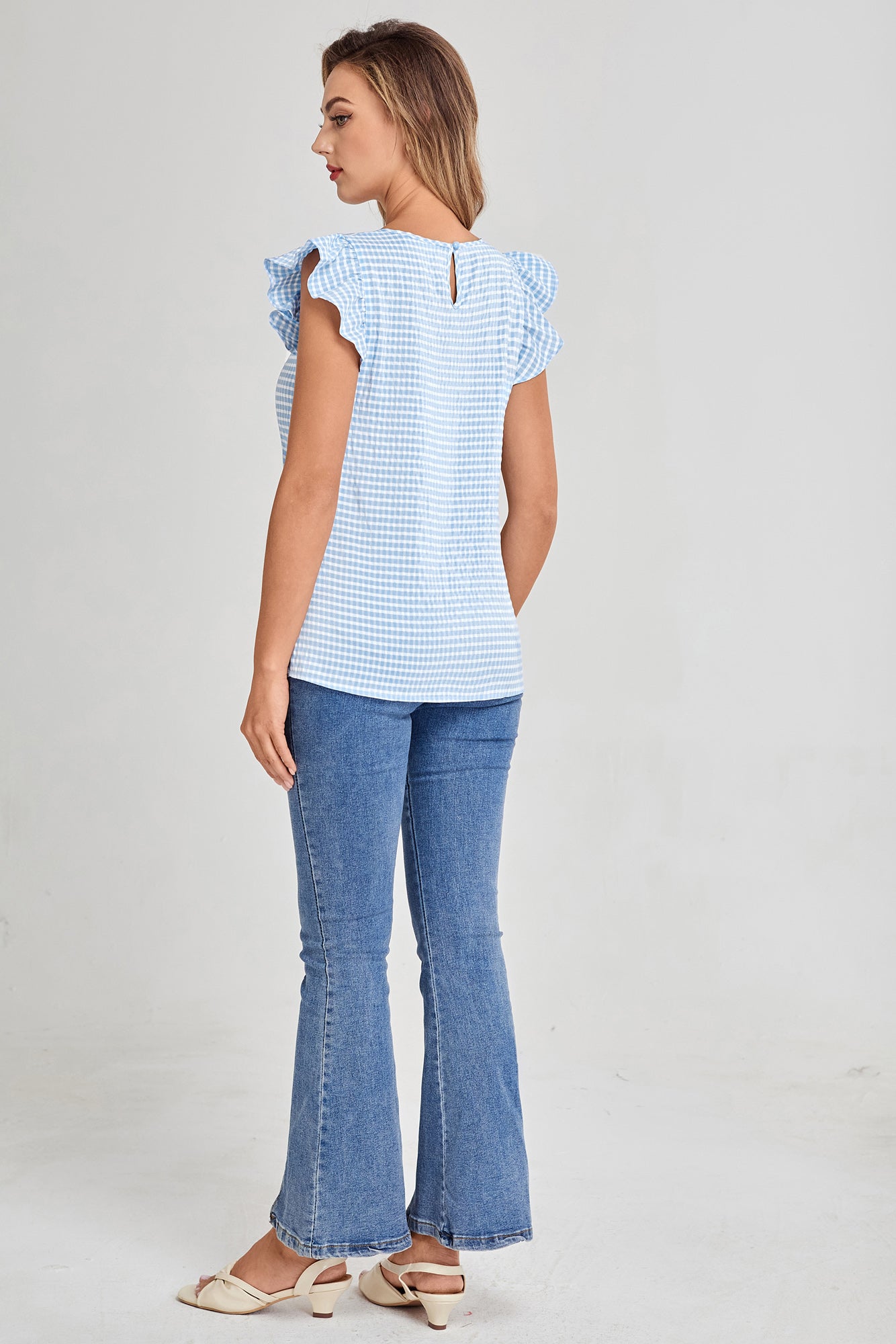 belle poque BP Women Vintage Plaided Tops Flutter Sleeve Crew Neck Keyhole Back Tops